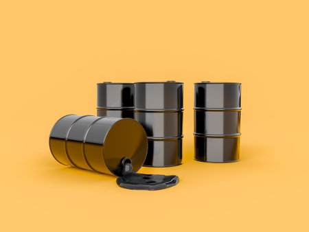 black barrels of oil on a yellow isolated background with fuel spilled on the ground. 3d renderingの写真素材