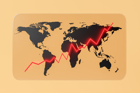 A striking red growth graph dynamically overlays a sleek black world map, illustrating global economic or business trends on a warm, gradient background. 3D rendering.の写真素材