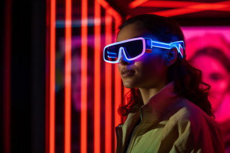A woman wearing augmented reality glasses, immersed in vibrant neon lights, portraying a scene of futuristic technology and virtual reality engagement.の素材