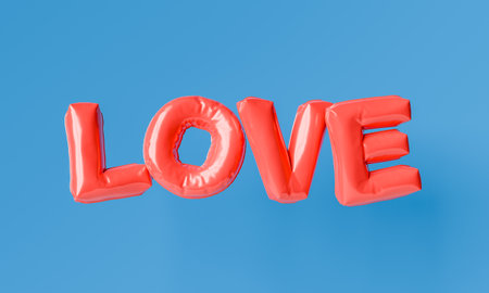 Bright red balloons spelling "LOVE" float vividly against a clear blue sky, symbolizing romance and affection in a simple yet powerful visual representation. 3D rendering.の写真素材