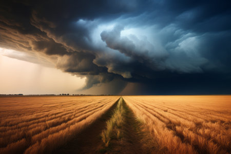 A dramatic scene as a severe thunderstorm approaches over a vast wheat field, casting shadows and light across the landscape.の素材