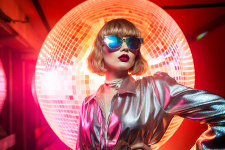 A woman channeling retro disco glam, bathed in a spectacular array of colorful lights, showcasing a vivid expression of fashion and style.の素材