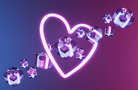 A neon heart encircles floating gift boxes against a gradient background, suggesting a theme of love...