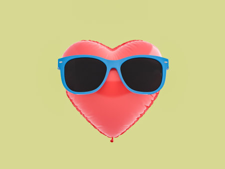 A playful red heart-shaped balloon wearing blue sunglasses against a pastel yellow background. 3D Rendering.の写真素材