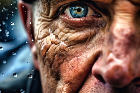 Close-up of a veteran's eye, reflecting resilience and stories untold.の素材
