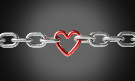 A single red heart-shaped link connects two silver chains against a gray gradient background,...