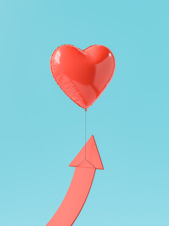 A red heart balloon tied to a rising paper arrow on a serene blue background, symbolizing uplifted love and aspirations. 3D renderingの写真素材