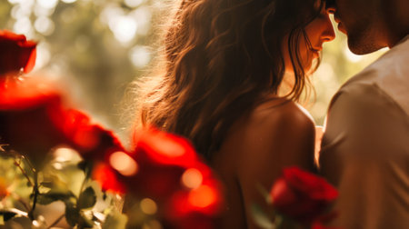 Intimate Couple Embracing Among Rosesの素材