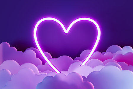 Neon heart glowing above stylized clouds on a gradient purple background, romantic dreamy concept. 3d renderingの写真素材