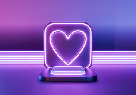 Futuristic neon heart display on a pedestal with purple and blue lighting, modern love symbol. 3d renderingの写真素材