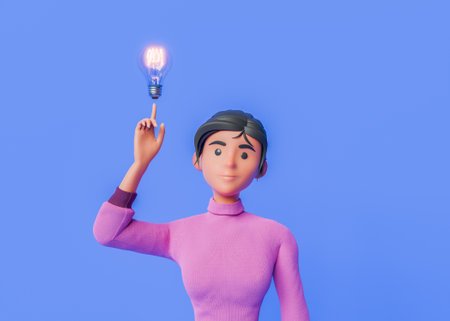 Animated character having a bright idea with a lightbulb overhead on blue background. 3d renderingの写真素材