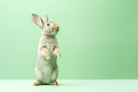 Curious Rabbit Standing Upright on Green Backgroundの素材