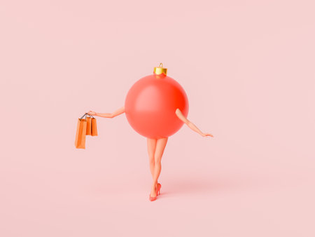 3D rendering of a whimsical Christmas ornament with human legs in a dynamic pose, carrying shopping bags, against a unified pastel pink background.の写真素材
