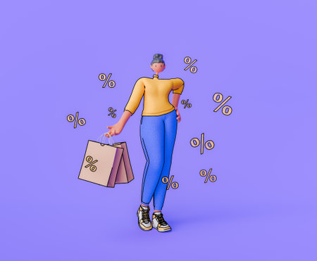 3d rendering of a cartoon woman holding a shopping bag, with percentage symbols floating around her...