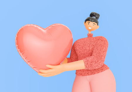 3d rendering of a stylized cartoon woman in a pink sweater holding a large heart-shaped balloon, set against a plain blue background.の写真素材
