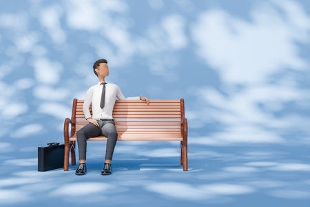 3D rendering of a businessman seated on a park bench, looking up, briefcase beside him, symbolizing a break or contemplation.の写真素材