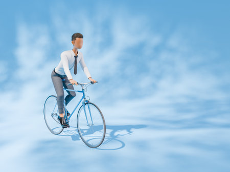 3D rendering of a stylized adult man dressed in business casual attire riding a bicycle, with a blue studio background and tree shadows, depicting a sustainable transportation concept.の写真素材