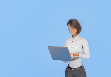 3D rendering of a stylized female figure standing and operating a laptop, representing a...