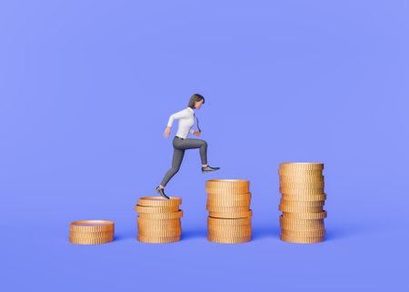 3D rendering of a stylized character woman ascending stacks of coins, depicting financial growth,...