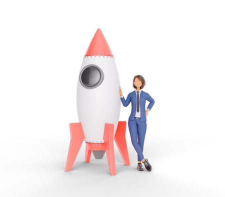 3D rendering of a stylized character businesswoman in a blue suit standing confidently next to a rocket model, symbolizing startup growth, innovation, or new project launch, against an isolated white background.の写真素材