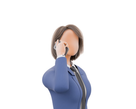 3D rendering of a stylized character businesswoman engaged in a phone conversation, dressed in a blue suit with a modern design, isolated on a white background.の写真素材