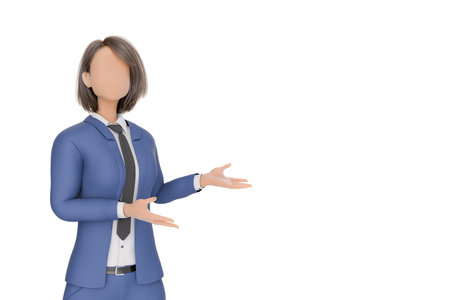 3D rendering of a stylized character businesswoman with a welcoming gesture, explaining a concept or giving a presentation, dressed in a professional blue suit on an isolated white background.の写真素材