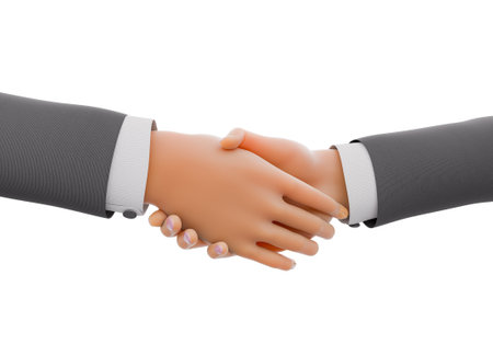 3D rendering of a close-up handshake between two stylized hands, in a gray dark sleeve, representing a business agreement, partnership, or greeting, isolated on a white background.の写真素材