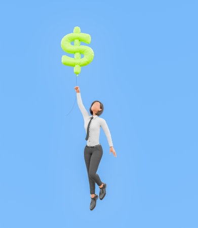 3D rendering of a stylized character businesswoman being lifted by a balloon shaped like a dollar sign, portraying financial success, investment growth, or economic aspirations, on blue background.の写真素材