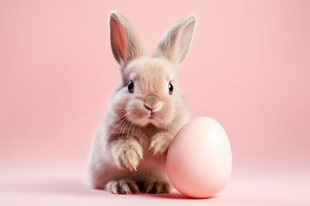 An endearing rabbit poses with a large pastel pink Easter egg against a delicate pink backdrop, embodying the festive spirit of Easter.の素材