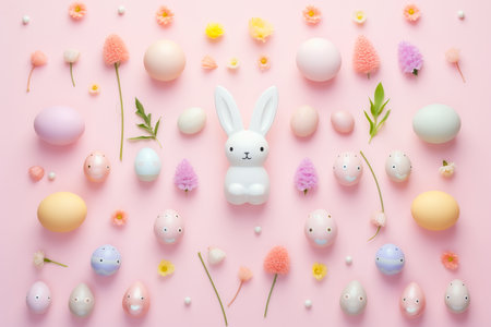A playful flat lay of Easter celebration featuring a white bunny figurine, assorted pastel eggs with drawn faces, and a scattering of spring flowers on a soft pink background.の素材