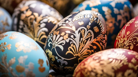 Close-up view of intricately hand-painted Easter eggs adorned with golden floral designs, showcasing the artistry and elegance of traditional Easter egg decoration.の素材