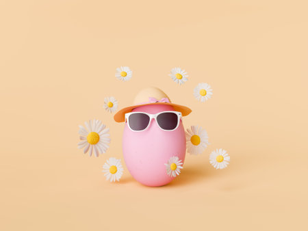 3d rendering of a playful pink Easter egg character wearing sunglasses and a sun hat, cheerfully encircled by white daisies on a pastel yellow background.の写真素材