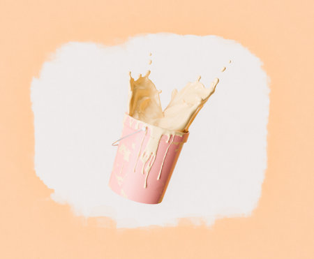 A 3D rendering of a Pink paint bucket suspended in mid-air with paint splashing out, set against a backdrop of a half-painted white and peach wall.の写真素材