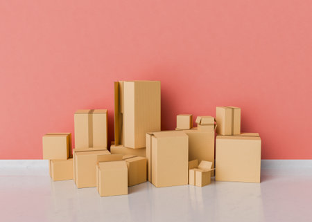 3d rendering of a collection of cardboard boxes of different sizes arranged in a room with a pink wall and a glossy floor. Moving day or delivery concept.の写真素材