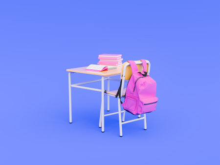 3D rendering of a pink backpack hanging on a chair with stacks of books on a desk, on a blue background, Concept of a study environment.の写真素材