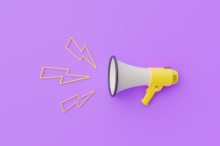 3D rendering of a bright yellow megaphone with stylized lightning flashes on a vibrant purple background, concept of loud communication or announcement.の写真素材