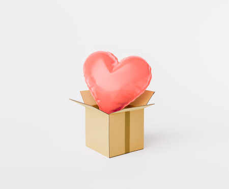 3D rendering of a shiny red heart-shaped balloon rising out of an open cardboard box on a white background, concept of a gift of love or a romantic surprise.の写真素材