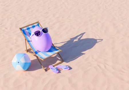 3d rendering of an Easter egg character wearing sunglasses, relaxing on a beach chair with flip-flops and a beach ball, set on a sandy beach under bright sunlight. Easter holidays concept.の写真素材