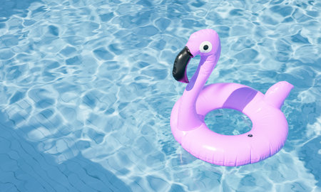 3D rendering of a vibrant pink flamingo pool float on the rippling water of a clear blue swimming pool, Concept of summer relaxation and vacations.の写真素材