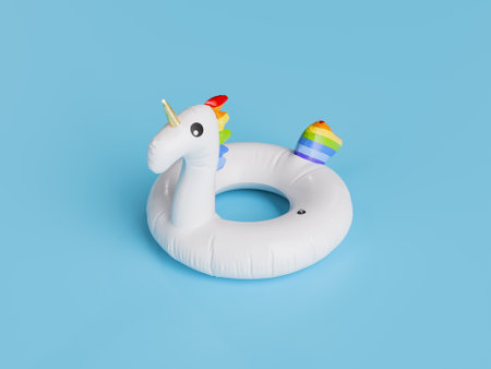 3D rendering of an inflatable unicorn float on a blue studio background, pool party concept.の写真素材
