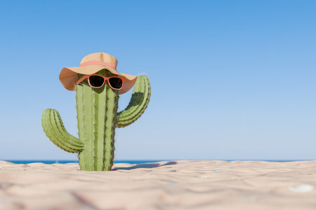 3D rendering of a cactus wearing sunglasses and a hat, on a beach with clear sky, summer vacation concept.の写真素材