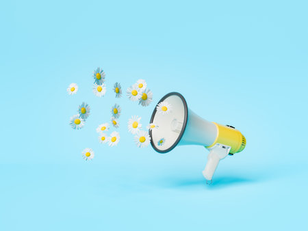 3D rendering of a yellow megaphone with white daisy flowers emerging on a soft blue background, spring advertisement conceptの写真素材