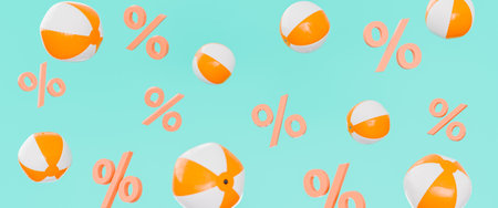 3D rendering of orange and white beach balls interspersed with coral percentage symbols floating against an aqua background, summer financial concepts and savings.の写真素材