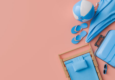3D rendering of a summer vacation set with a blue beach umbrella, suitcase, deck chair, flip-flops, beach ball, and sunglasses on a pink surface. summer vacation concept.の写真素材