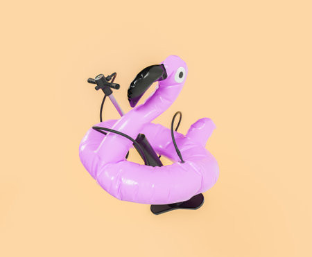 3d rendering of an inflatable pink flamingo pool float with a black air pump, set against a...