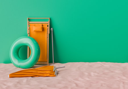 3d rendering of a beach scene with a folded orange umbrella, a wooden sun lounger, and a green swim ring on sandy ground against a teal background, beach relaxation concept.の写真素材