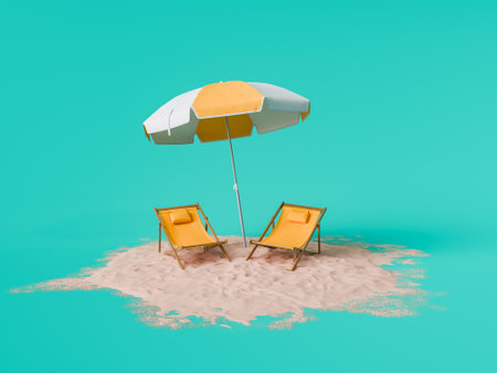 3d rendering of two wooden sun loungers under a white and yellow umbrella on a sand pile against a turquoise studio background. Relaxing summer concept.の写真素材