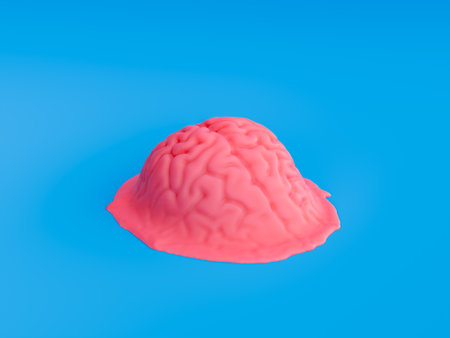 3D rendering of a stylized pink brain melting onto a vibrant blue background, concepts of stress,...