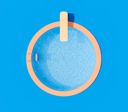 3D rendering of an aerial view of a minimalistic circular swimming pool with a diving board, set against a bright blue background, summer leisure concept.の写真素材