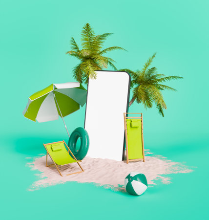 3D rendering of a stylized smartphone with a beach chair, umbrella, palm trees, and beach ball on sand. Summer vacation concept.の写真素材